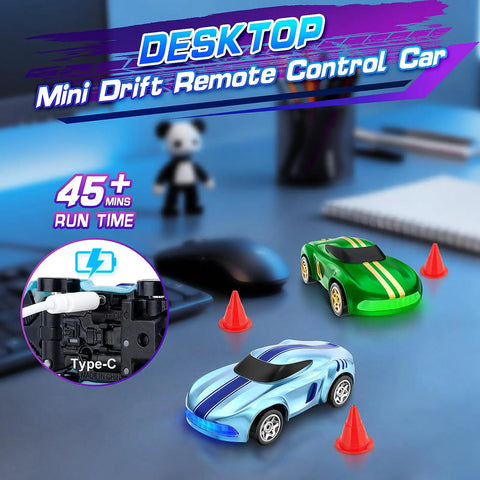 One Sixty Fourth Scale Drift RC Car 4WD With LED Lights And Speed Switch, blue and green models on a desk with cones, for ages 6-12