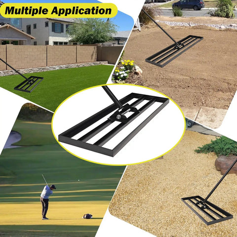Rugged 30 Inch By 10 Inch Lawn Leveling Rake With Adjustable Long Handle And High Carbon Steel Blade in various yard settings
