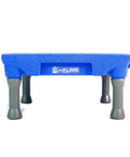 Front view of KLIMB Dog Training Platform and Agility System for Indoor and Outdoor Use, blue deck, gray legs, made in USA.