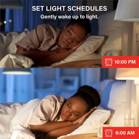 Person sleeping at night and waking up with Alexa Enabled Smart Light Bulbs Four Pack With Auto Pairing No App Or Hub Needed lighting