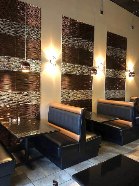 Interlocking Metallic Glass Tile Mosaic In Rose Gold Silver And Ink Blue For Kitchen Backsplash Bathroom Walls Fireplace Surrounds