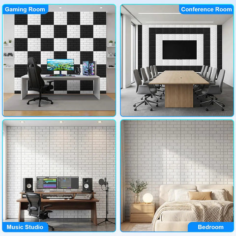 Top Shelf 18 Pack Sound Proof Acoustic Panels For Walls Self Adhesive High Density Noise Reducing Foam Tiles Flame Retardant Echo Absorber Game Changer For Home Studio Setup Clean Look White, in a gaming room, conference room, music studio, and bedroom.