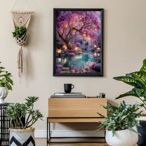 Beginner Friendly Diamond Painting Kit With Full Round Drills, Glowing Dream Forest 5D Diamond Art framed in living room decor
