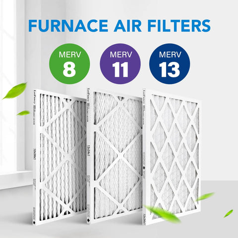 Three furnace air filters with MERV 8, 11, and 13 ratings displayed indoors with flowing green leaves.