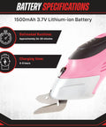 Battery specifications for Handle Every Project Task Without Breaking A Sweat With These Cordless Electric Scissors in pink.