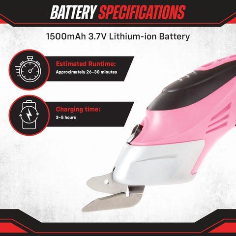 Battery specifications for Handle Every Project Task Without Breaking A Sweat With These Cordless Electric Scissors in pink.