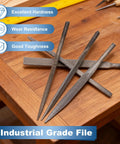 Proven Job Ready Pneumatic Air File Set With Five Square Steel Burrs Designed For Fast Metal Grinding Polishing And Straight Up Reliable Daily Workshop Tasks on a wooden work surface.