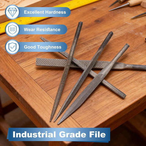 Proven Job Ready Pneumatic Air File Set With Five Square Steel Burrs Designed For Fast Metal Grinding Polishing And Straight Up Reliable Daily Workshop Tasks on a wooden work surface.