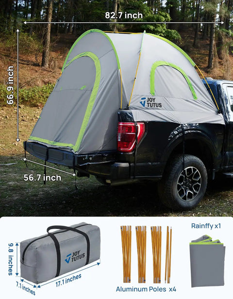 Five Foot Pickup Truck Tent 2.0 set up on truck bed with dimensions, featuring aluminum poles and rainfly, in green color.