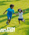 Two children happily running on a lawn, demonstrating ease and joy associated with using a manual hand weeder with bend-proof leverage base.
