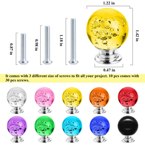 Colorful Glass Cabinet Knobs 30mm Round Bubble Design, 10 Pack Drawer Pulls With Three Screw Sizes For Cabinets, Drawers, Dressers, And Home Makeovers, Smooth Modern Hardware, yellow glass knob with 3 screw sizes