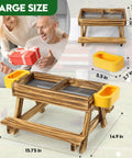 Carbonized Wooden Chicken Picnic Table Feeder With Two Water Dispensers shown in large size, featuring dimensions, against lifestyle background