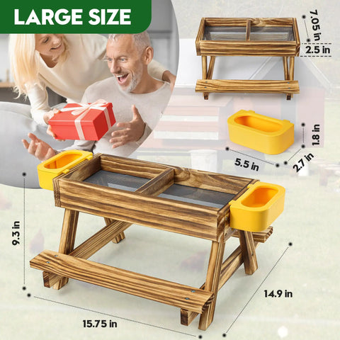 Carbonized Wooden Chicken Picnic Table Feeder With Two Water Dispensers shown in large size, featuring dimensions, against lifestyle background