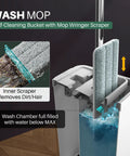Two Tank Wash And Dry Mop And Bucket Set With Long Handle Flat Mop in use with inner scraper removing dirt and hair