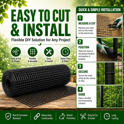 Tough As Nails Black Vinyl Coated Hardware Cloth One Quarter Inch Mesh Wire Fencing Roll 4'x100' for garden and animal enclosures.