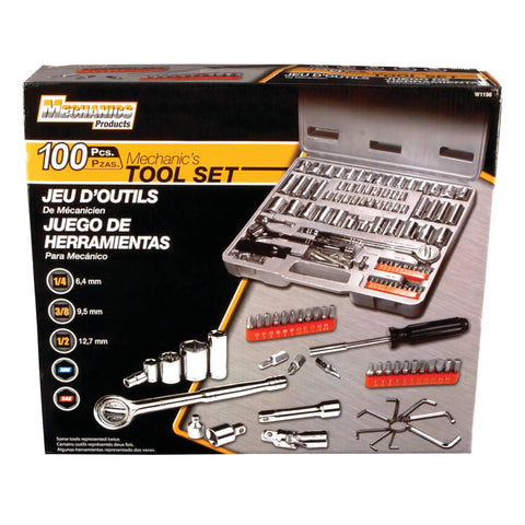 SAE And Metric 100 Piece Socket Set With One Quarter Inch Drive Three Eighths Inch Drive And One Half Inch Drive Plus Bit Set