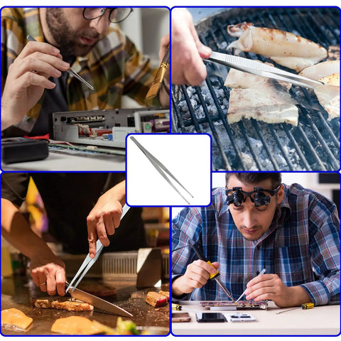 Three Piece Stainless Steel Tweezer Set Great For Precision Work And Delicate Tasks Like Electronics Jewelry Crafting 8 Inch 10 Inch 12 Inch With Durable Non Slip Grip And Easy To Control, stainless steel tweezers in electronics, grilling, cooking, and crafting