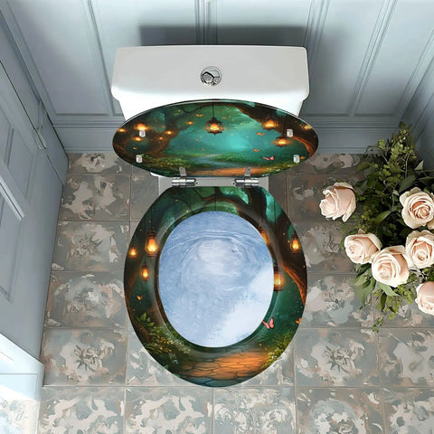 Toilet Seat Round Resin for Bathroom featuring a scenic design with trees and lanterns, ideal for adding charm to any bathroom.