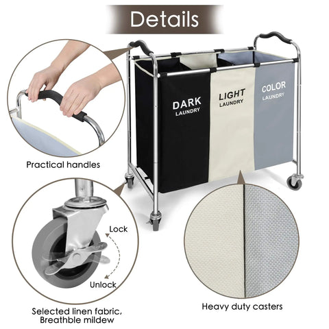 Rolling Laundry Cart With Wheels 240L 3 Section Hamper for Dirty Clothes Towels and Toys with metal frame and handle details