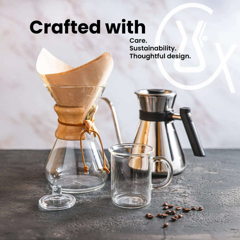 Ottomatic Auto Pour Over Coffee Maker Set With 40 Ounce Capacity, 6 Cup Glass Coffeemaker, carafe and pot on table