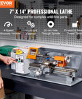Precision Benchtop Metal Lathe 7 x 14 Inch With 0-2200 RPM Variable Speed And 500W Brush Motor, front view with tool box