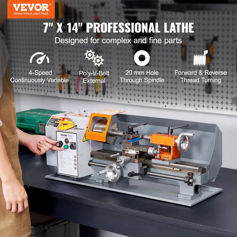 Precision Benchtop Metal Lathe 7 x 14 Inch With 0-2200 RPM Variable Speed And 500W Brush Motor, front view with tool box