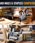 20V Cordless Brad Nailer And Staple Gun Kit showing compatibility with brad nails and staples for upholstery projects.