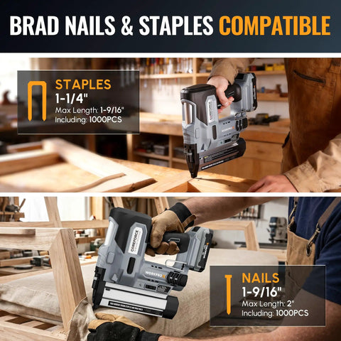 20V Cordless Brad Nailer And Staple Gun Kit showing compatibility with brad nails and staples for upholstery projects.