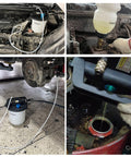 Collage of One Person Brake Bleeder Vacuum Pump Kit showing use with car brakes and fluid extraction