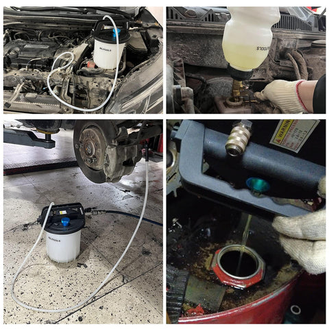 Collage of One Person Brake Bleeder Vacuum Pump Kit showing use with car brakes and fluid extraction