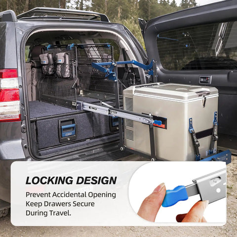 Boss Grade Locking Heavy Duty Drawer Slides Built Tough For Zero Hassle Setup Supporting Two Hundred Fifty Pound Load With Full Extension Glide in SUV.