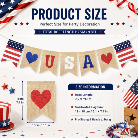 All American Patriotic Burlap Banner Garland For 4th Of July Decor Pre Strung Red White And Blue Flags 5x7 Inch Each With 8.2 Feet Rope Easy To Hang Independence Day Party Supplies.