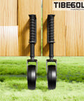 Real Deal Four Inch Spring Loaded Gate Wheel For Outside Wood Fences With Anti Sag Support Roller and Easy Roll three sixty spin built tough to hold two hundred twenty pounds stress free in matte black one piece, showcasing black spring loaded wheels mounted on a wooden gate.