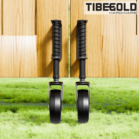 Real Deal Four Inch Spring Loaded Gate Wheel For Outside Wood Fences With Anti Sag Support Roller and Easy Roll three sixty spin built tough to hold two hundred twenty pounds stress free in matte black one piece, showcasing black spring loaded wheels mounted on a wooden gate.