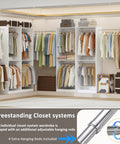 Big Time Modular Closet System With Hella Roomy Hanging Space And Solid Wood Build For Custom Walk In Setup, four freestanding closet systems filled with hanging clothes.