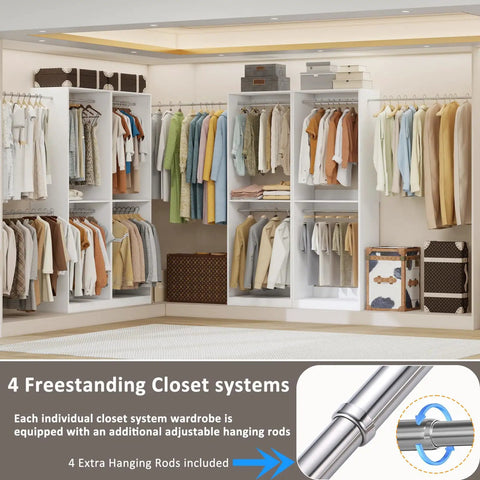 Big Time Modular Closet System With Hella Roomy Hanging Space And Solid Wood Build For Custom Walk In Setup, four freestanding closet systems filled with hanging clothes.
