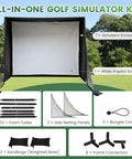 All In One Golf Simulator Enclosure Kit with HD impact screen, foam tubes, sandbags, bungee cords, netting, and connectors.