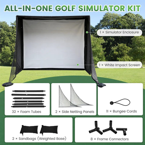 All In One Golf Simulator Enclosure Kit with HD impact screen, foam tubes, sandbags, bungee cords, netting, and connectors.