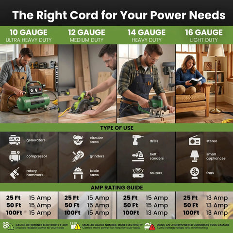 Comparison chart of extension cords by gauge; features images of usage scenarios including tools and home appliances.