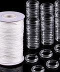 Upgraded Window Setup With This Dope Set Including 100 Clear Roman Rings And 55 Yards Of Heavy Duty White Cord For Stress Free Reweaving And Clean Modern Vibe For Quick Diy Projects Around The House featuring clear plastic rings and white braided cord.