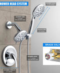 High Pressure Shower System With Handheld And Rain Showerhead, 35 Function Dual 2 In 1 Faucet, Patented 3 Way Diverter, Chrome Finish, Valve Included For A Dope Home Spa Upgrade, showing dual showerheads and brass valve