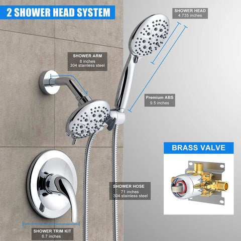 High Pressure Shower System With Handheld And Rain Showerhead, 35 Function Dual 2 In 1 Faucet, Patented 3 Way Diverter, Chrome Finish, Valve Included For A Dope Home Spa Upgrade, showing dual showerheads and brass valve