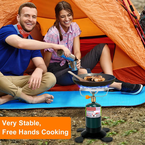 Portable Propane Camping Stove With Foldable Gas Tank Base Adjustable Flame Backpacking Cooker in front of orange tent