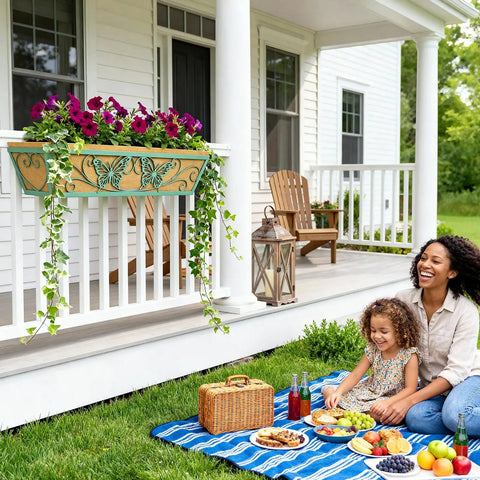Two Pack 24 Inch Window Boxes Planter with Adjustable Brackets on porch railing, butterfly pattern, holding flowers, outdoor display