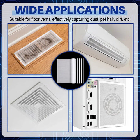 DIY PC Case Dust Filter Kit 39.37 x 11.81 Inches with magnetic strips, shown applied to air vents and a computer chassis.