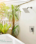 Metal Fixed Showerhead Set With Wall Mounted Rainfall Shower Head And Handheld Sprayer In Brushed Nickel Finish, outdoor setup