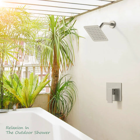 Metal Fixed Showerhead Set With Wall Mounted Rainfall Shower Head And Handheld Sprayer In Brushed Nickel Finish, outdoor setup