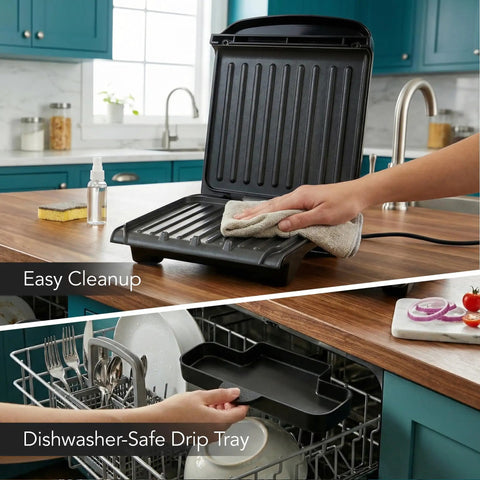 Ovente Two Serving Electric Indoor Grill And Panini Press Compact Contact Maker For Juicy Steaks Bold Smoky Flavor No Outdoor Mess Black Kitchen Appliance being cleaned with a cloth on a countertop.