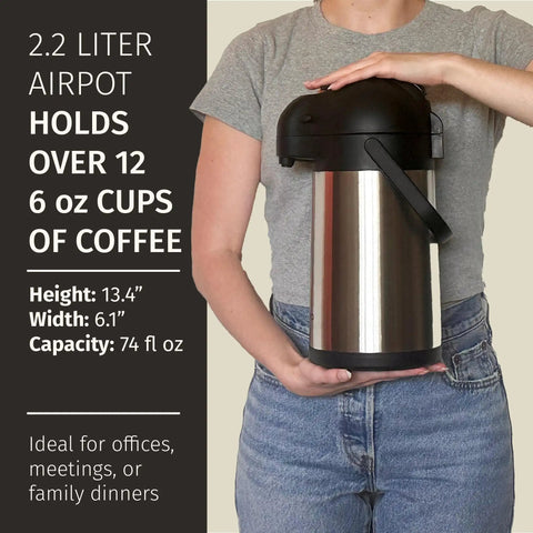Person holding Big Batch Coffee Carafe With Pump And Drip Tray 74oz 2.2L Thermal Airpot For Hot Liquids 12 Hour Insulated Dispenser