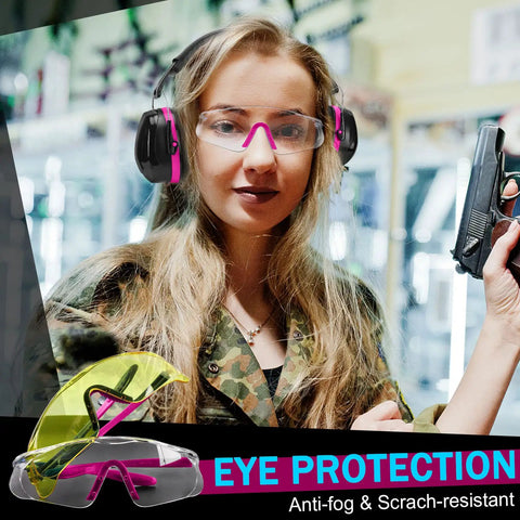 Woman wearing All In One Ear Pro Earmuffs And Safety Glasses For Shooting Range Noise Reduction With Anti Fog Scratch Resistant Lenses
